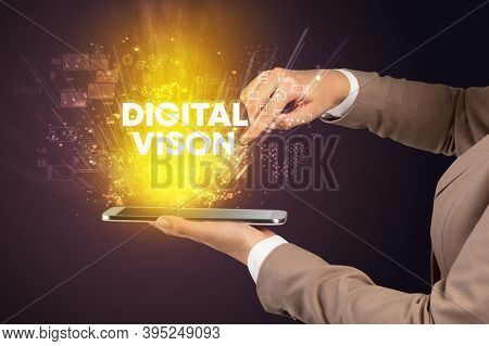Close-up of a touchscreen with DIGITAL VISON inscription, innovative technology concept