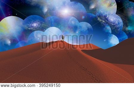 Astronaut in multiverse on alien planet. 3D rendering