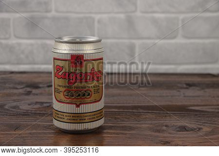 A Vintage Aluminium Can Of Zagorka Bulgarian Lager Beer Against The Brick Wall
