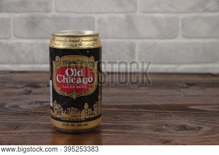 A Vintage Aluminium Can Of Old Chicago Illinios Usa Beer Against The Brick Wall