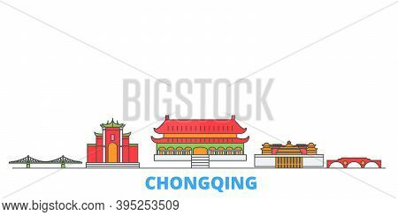 China, Chongqing Line Cityscape, Flat Vector. Travel City Landmark, Oultine Illustration, Line World