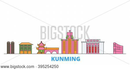 China, Kunming Line Cityscape, Flat Vector. Travel City Landmark, Oultine Illustration, Line World I