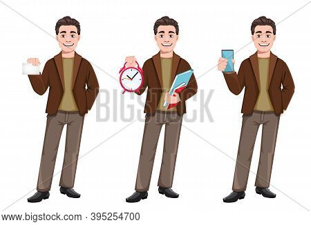 Stock Vector Businessman Cartoon Character In Flat Style, Set Of Three Poses. Young Handsome Busines