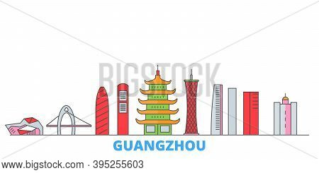 China, Guangzhou City Line Cityscape, Flat Vector. Travel City Landmark, Oultine Illustration, Line 