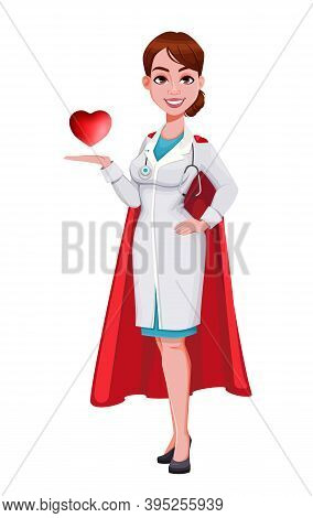 Stock Vector Cheerful Doctor Cartoon Character. Beautiful Young Woman Doctor Holding Heart. Vector I