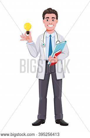 Stock Vector Cheerful Doctor Cartoon Character. Handsome Male Doctor Having A Good Idea. Vector Illu