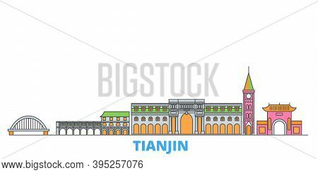 China, Tianjin City Line Cityscape, Flat Vector. Travel City Landmark, Oultine Illustration, Line Wo