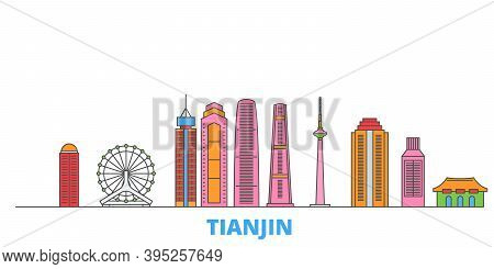 China, Tianjin Line Cityscape, Flat Vector. Travel City Landmark, Oultine Illustration, Line World I