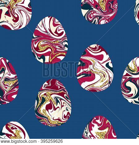 Seamless Marble Texture Eggs Pattern. Liquid Texture Happy Easter Symbol. Painted In Pink, Red, Blue