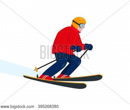 Skier Character Isolated On White Background. Ski Resort And Winter Extreme Sport Concept. Vector Il