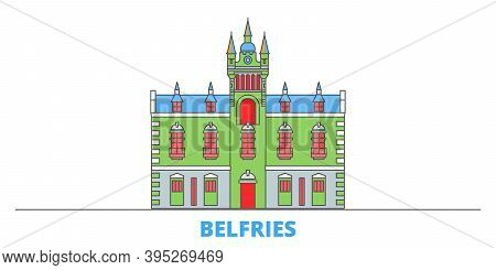 France, Belfries Landmark Line Cityscape, Flat Vector. Travel City Landmark, Oultine Illustration, L