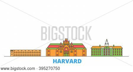 United States, Harvard Line Cityscape, Flat Vector. Travel City Landmark, Oultine Illustration, Line