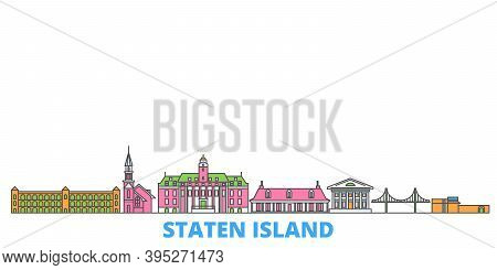 United States, New York Staten Island Line Cityscape, Flat Vector. Travel City Landmark, Oultine Ill