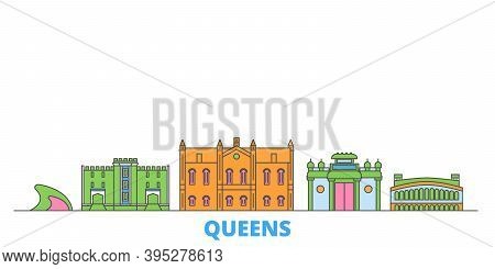 United States, New York Queens Line Cityscape, Flat Vector. Travel City Landmark, Oultine Illustrati