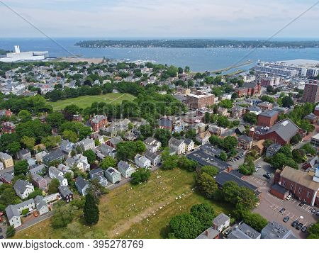 Aerial view of Salem historic city center and Salem Common in City of Salem, Massachusetts MA, USA.