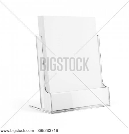 Glass Plastic Transparent Holder Stand with blank white paper isolated on white. 3d rendering mockup template