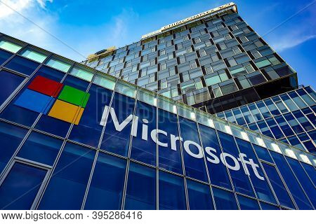 Bucharest, Romania - August 18, 2020: View Of Microsoft Romania Headquarters In City Gate Towers Sit