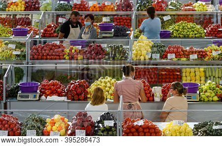 Bucharest, Romania - August 11, 2020: The Stalls Of The New Agri-food Market Piata Sudului During Th