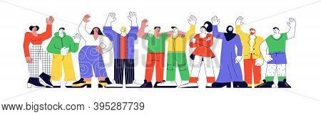 Happy Diverse People Greeting Gesture, Gesturing In Friendly Way. Group Of Smiling Different Nations