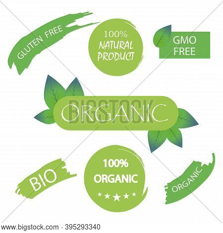 Flat Banner With Green Gluten Free Organic Bio. Vegan Vector Icon. Symbol, Sign, Logo, Emblem. Stock