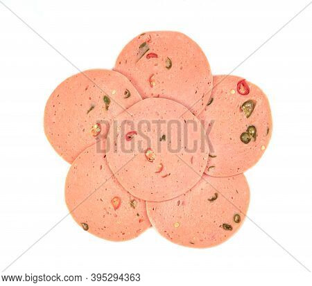 Closeup Bologna Sliced Isolated On White Background