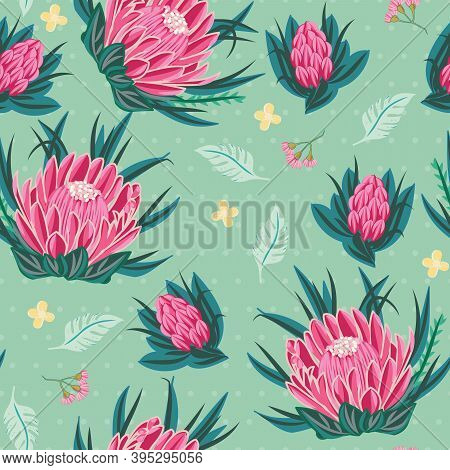 Pink King Protea Australian Native Flower Seamless Vector Repeat Pattern. Vector Illustration