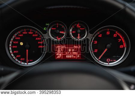 Novosibirsk, Russia - November 16, 2020: Alfa Romeo Mito, New Car Interior Details. Speedometer, Tac