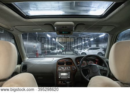 Novosibirsk, Russia - November 16, 2020: Nissan Terrano, Car Interior. Rear View Of The Windshield, 