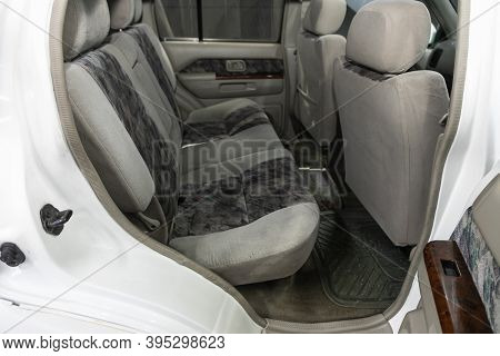 Novosibirsk, Russia - November 16, 2020: Nissan Terrano, Rear Seat For Passengers In Gray  Textile. 