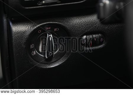 Novosibirsk, Russia - November 16, 2020: Volkswagen Passat, Close-up On The Headlight Switch Control