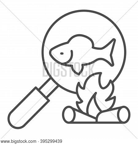 Cooking Fish On Bonfire Thin Line Icon, Picnic Concept, Fried Fish Sign On White Background, Fish Ba
