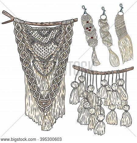 Set Of Macrame Boho Style Wall Hangers And Keychains Doodle Sketches. Collection Of Textile Knotting