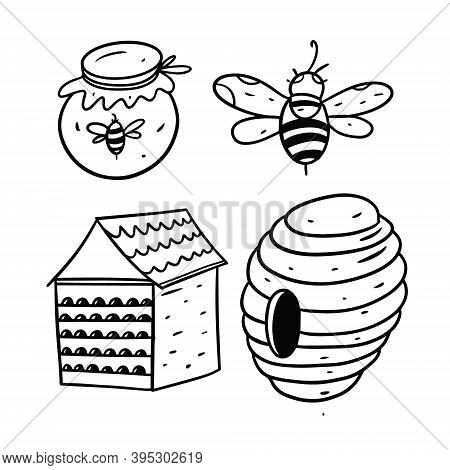 Honey And Bees. Cartoon Hand Draw Coloring. Vector Illustration.