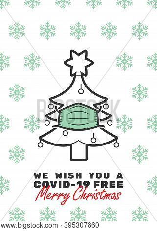 Christmas Tree With Mask And We Wish You A Covid-19 Free Merry Christmas Text. Editable Strokes.