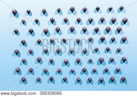 Fresh Blueberries Arranged In Line In Blue Background