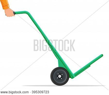 Empty Barrow Isolated On White. Metallic Two Wheeled Trolley. Hand Truck Dolly Icon. Transportation 