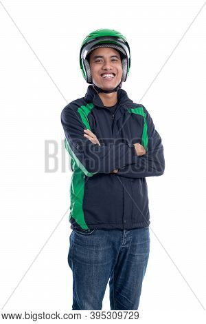 Uber Rider With Helmet And Jacket Smiling