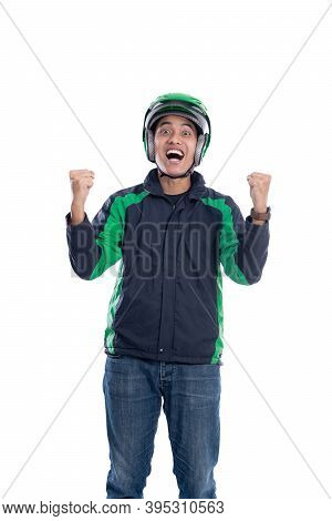 Successful Motor Taxi Rider Raise His Arm
