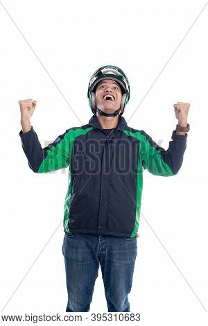 Successful Motor Taxi Rider Raise His Arm
