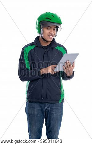 Male Courier Driver Holding Tablet Pc Isolated