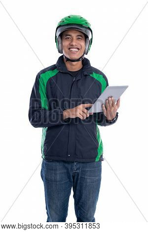 Male Courier Driver Holding Tablet Pc Isolated