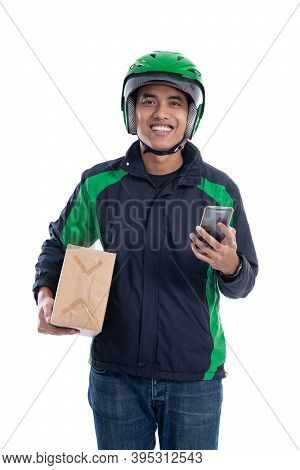 Male Courier With Package And Using Smartphone Isolated
