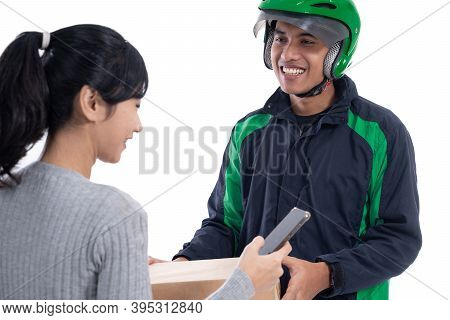 Delivery Courier With Helmet And Uniform Sending Package