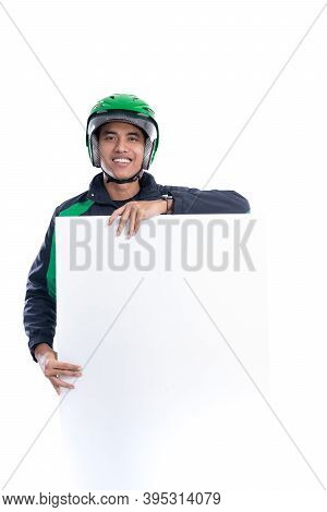 Uber Rider With Helmet Holding Blank White Board