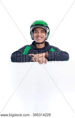 Uber Rider With Helmet Holding Blank White Board