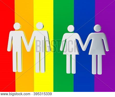 3d Illustration Of Two Same-sex Couples Holding Hands, Isolated Over Lgbt Flag.