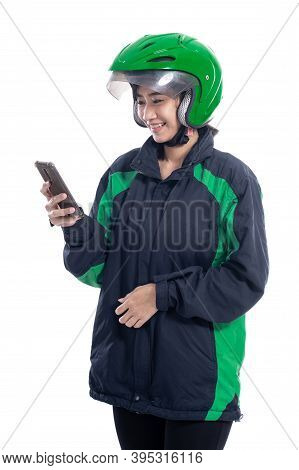 Asian Beautiful Delivery Courier With Helmet Holding Smartphone
