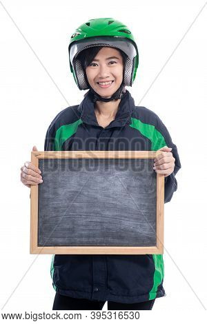 Female Taxi Motorcycle Rider Wearing Helmet Holding Blank Blackboard