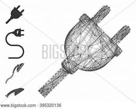 Vector Wire Frame Electric Plug. Geometric Wire Carcass Flat Network Generated With Electric Plug Ic