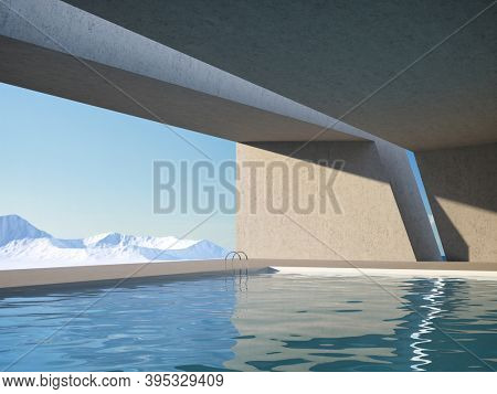 Architectural design of modern concrete interior with panoramic window and swimming pool, 3D illustration, rendering.
